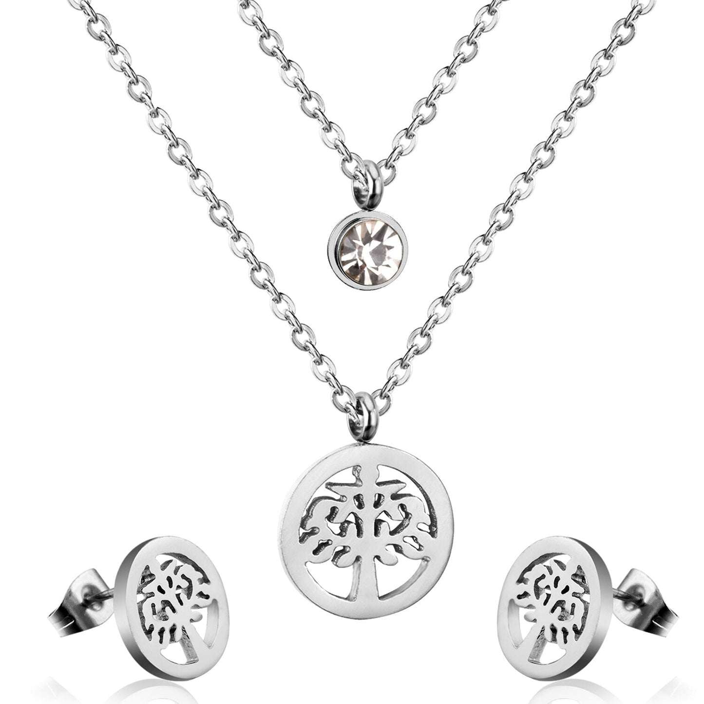 New Arrival Tree Round Crystal Pendant Double Dubai Wedding Necklace Earring Sets For Women Jewelry Wholesale