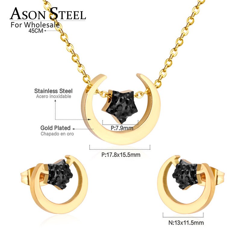 ASON Bohemian Jewelry Sets Accessory Stainless Steel Gold Color Moon Star Pendant Necklace Piercing Stud Earrings For Women