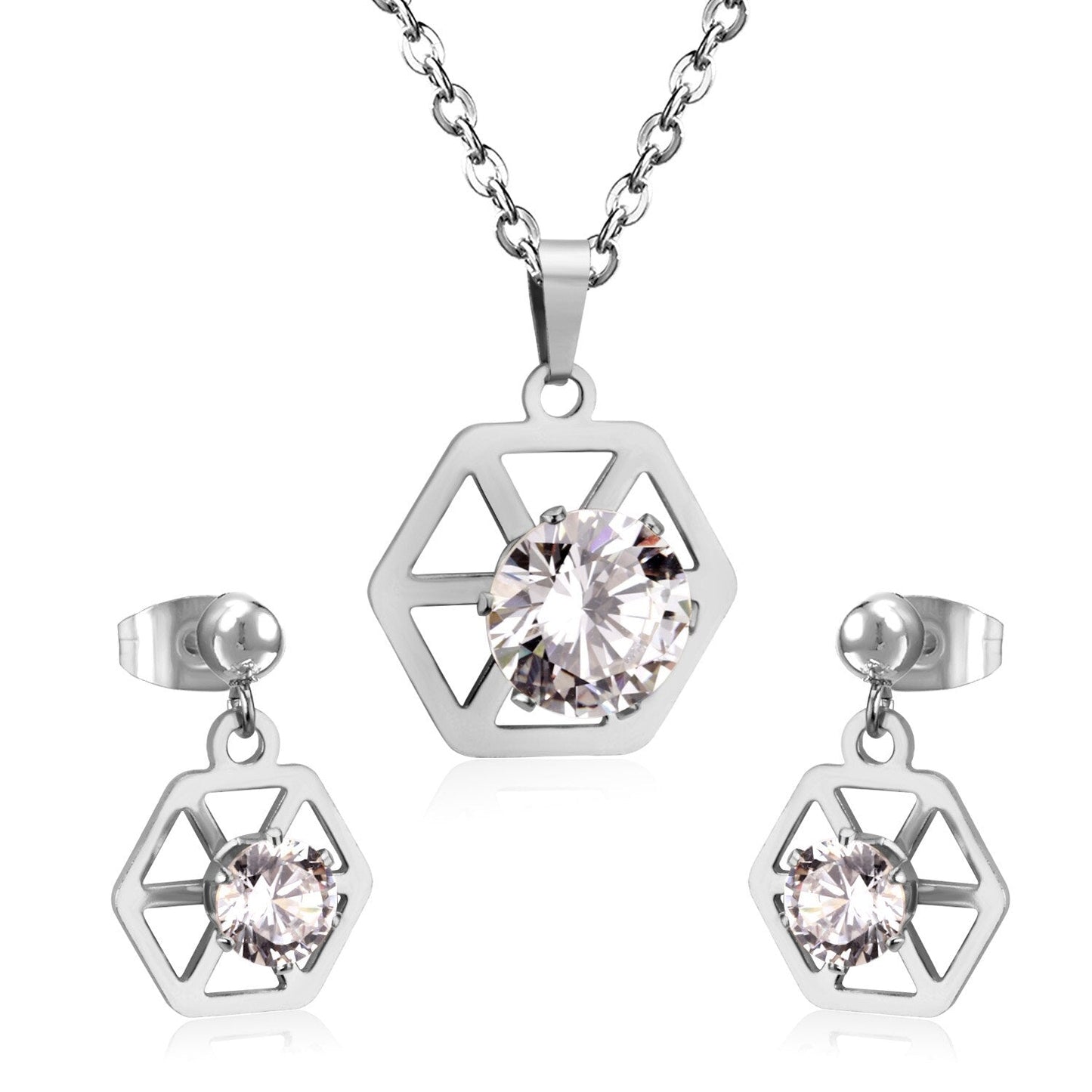 Hexagon With Cubic Zircon Pendant Necklaces Earrings Sets For Women Party Jewelry Set Factory Direct parures bijoux