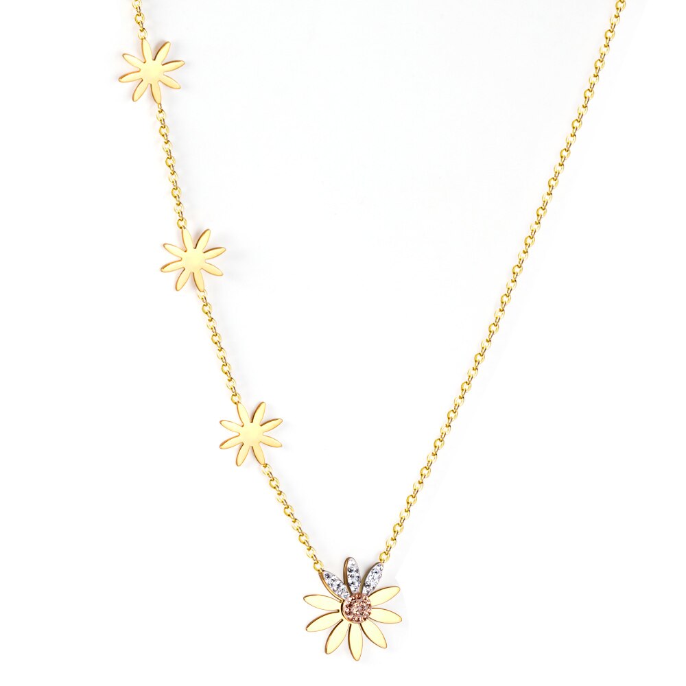 ASON Cute Flower Daisy Chain Necklace Stainless Steel Gold Color Choker with Cubic Zirconia 40cm with Extender Jewelry