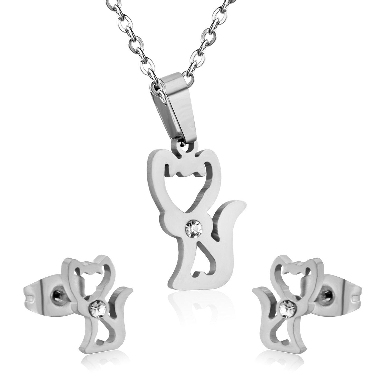 Stainless Steel Little Fox With Cubic Zirconia Necklace Earrings Set Woman Wedding Jewelry Sets Anniversary Present