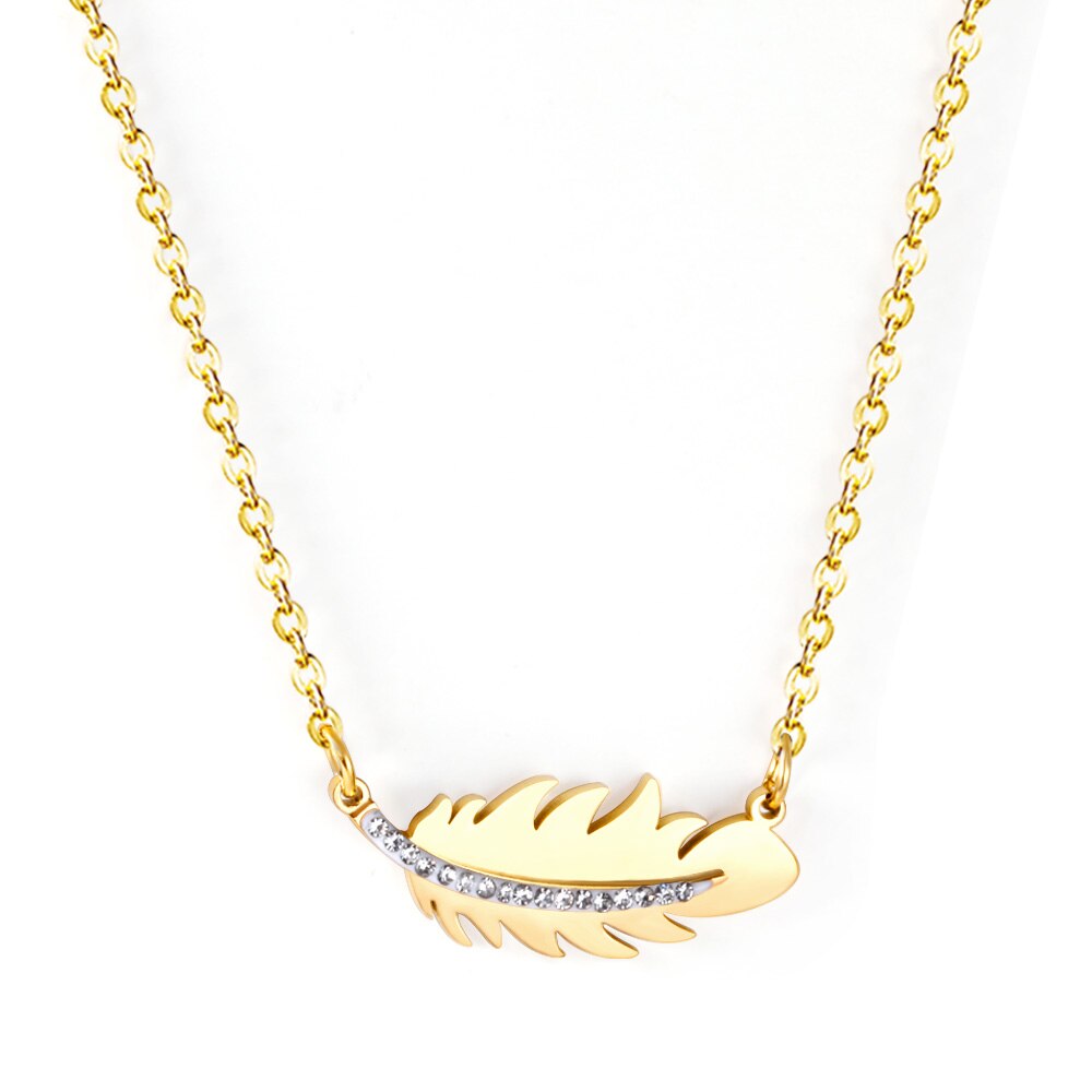 ASON Gold Color Feather Pendant Necklace with Rhinestone Stainless Steel Chain for Women Jewelry Gift Accessory Chokers