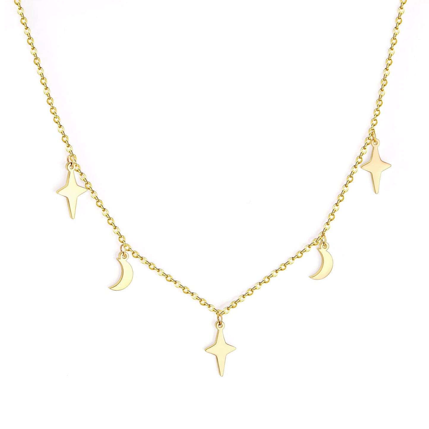 ASON Moon and Star Pendant Necklaces Gold Color Stainless Steel Chain for Women Girls Fashion Jewelry Accessories Gift