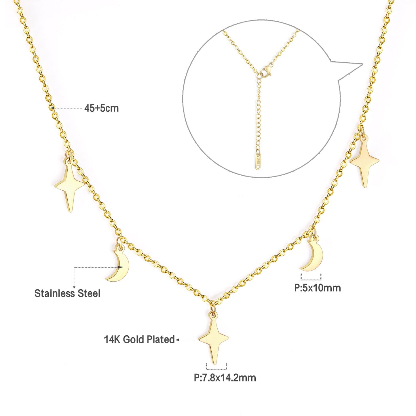 ASON Moon and Star Pendant Necklaces Gold Color Stainless Steel Chain for Women Girls Fashion Jewelry Accessories Gift
