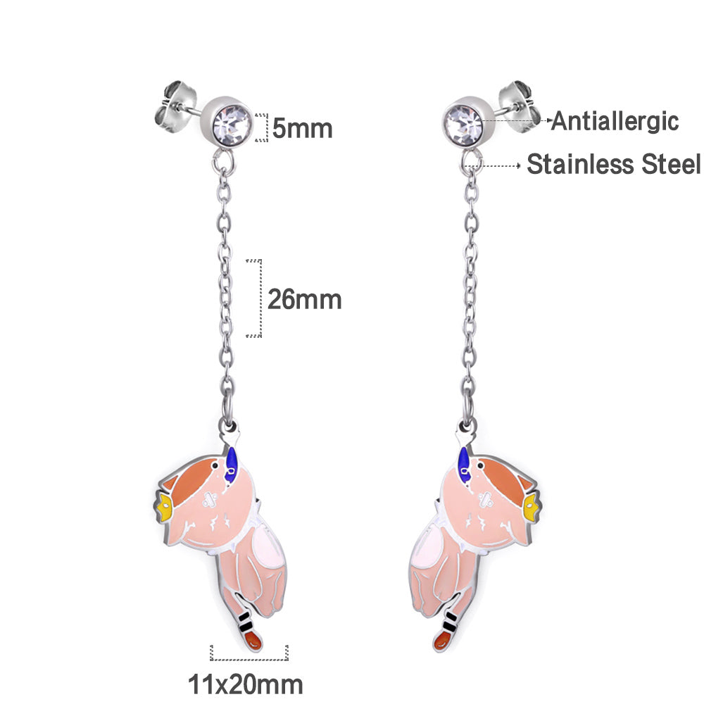 Fashion Diamond + Chain with Cat Eat Fish Mixed Color Stud Earrings