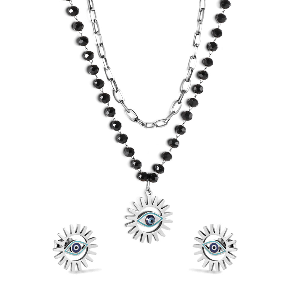 Blue eyes + black bead chain set steel/golden