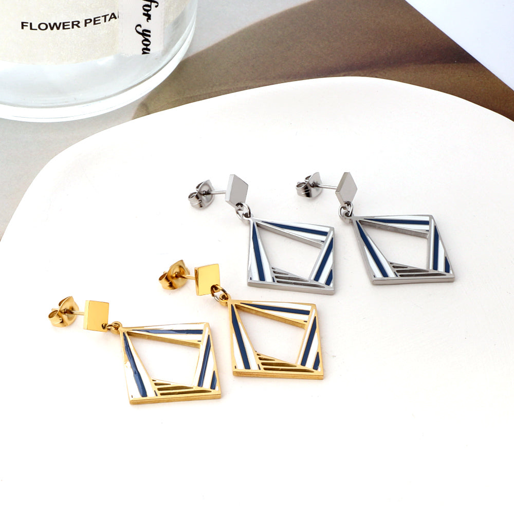 Stainless Steel Small Rhombus + Large Rhombus Hollow Mixed Color Stud Earrings