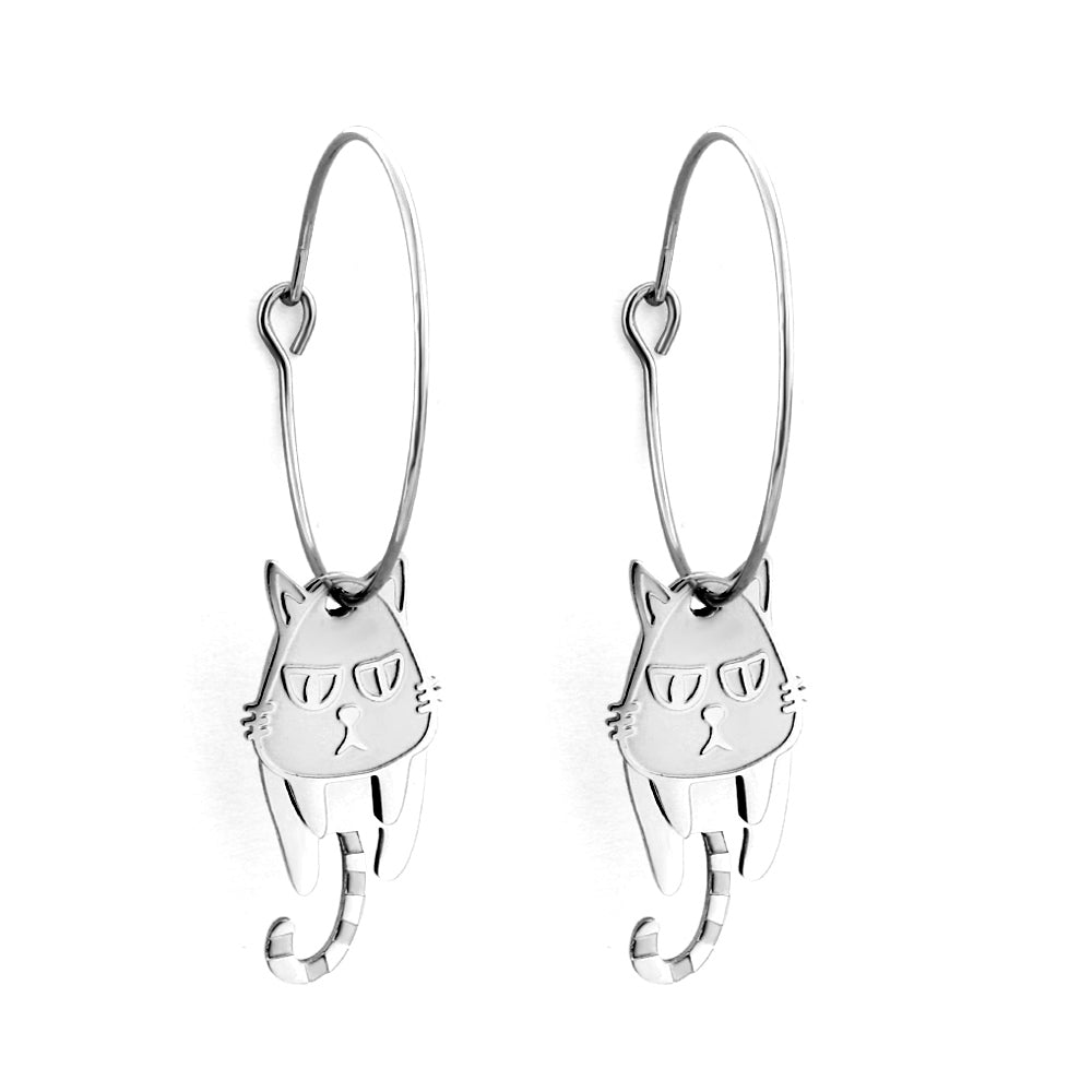 Fashion Stainless Steel Circle with Cat Earrings