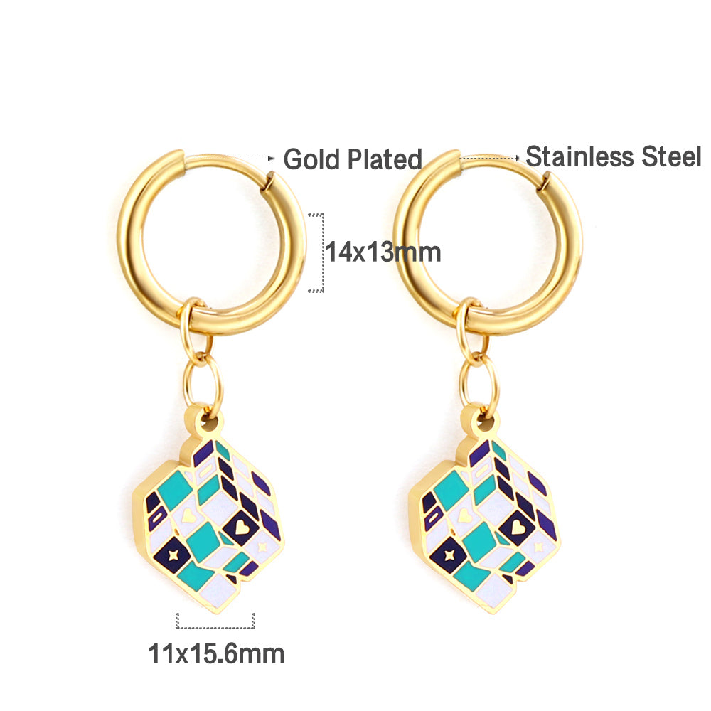 Enamel Girls Kids Jewelry Fashion Circle with Rubik's Cube Mixed Color Earrings