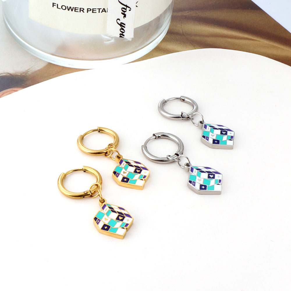 Enamel Girls Kids Jewelry Fashion Circle with Rubik's Cube Mixed Color Earrings