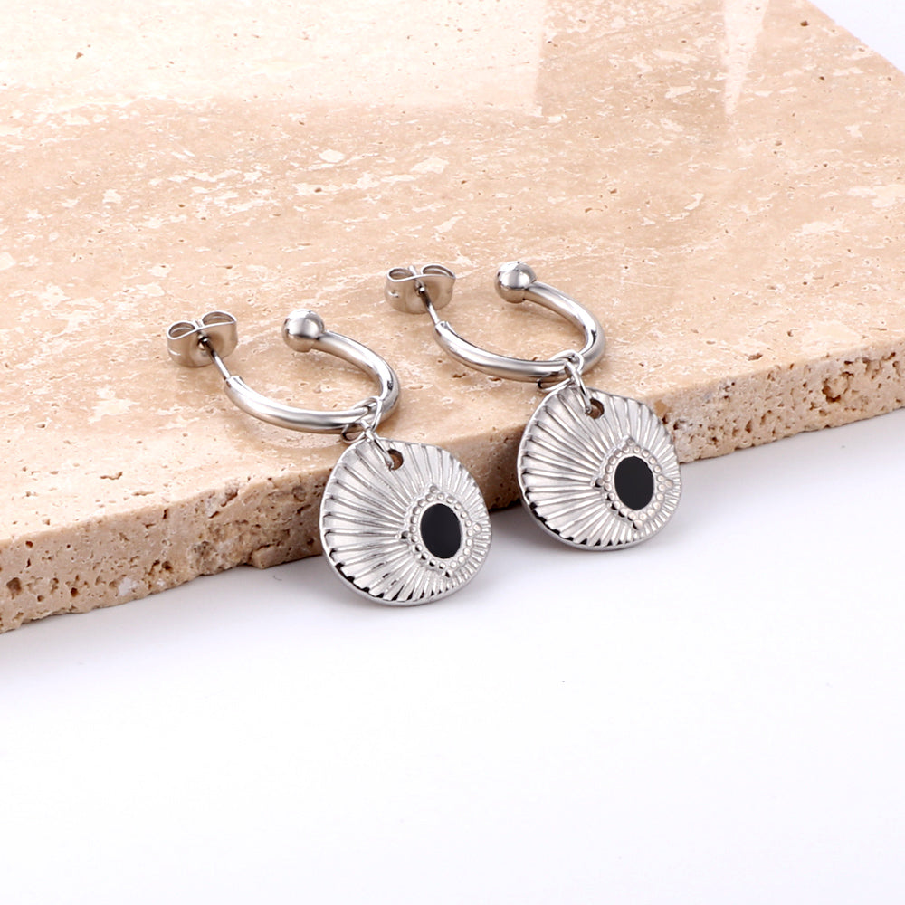 Enamel Girls Jewelry Fashion Half Circle Steel Ball with Shell Black Stud Earrings