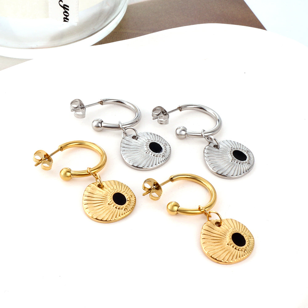 Enamel Girls Jewelry Fashion Half Circle Steel Ball with Shell Black Stud Earrings