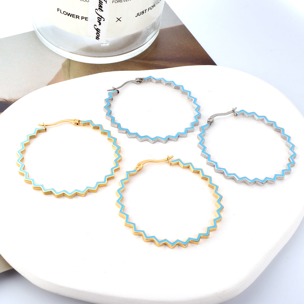 Stainless Steel Round Blue Hoop Earrings
