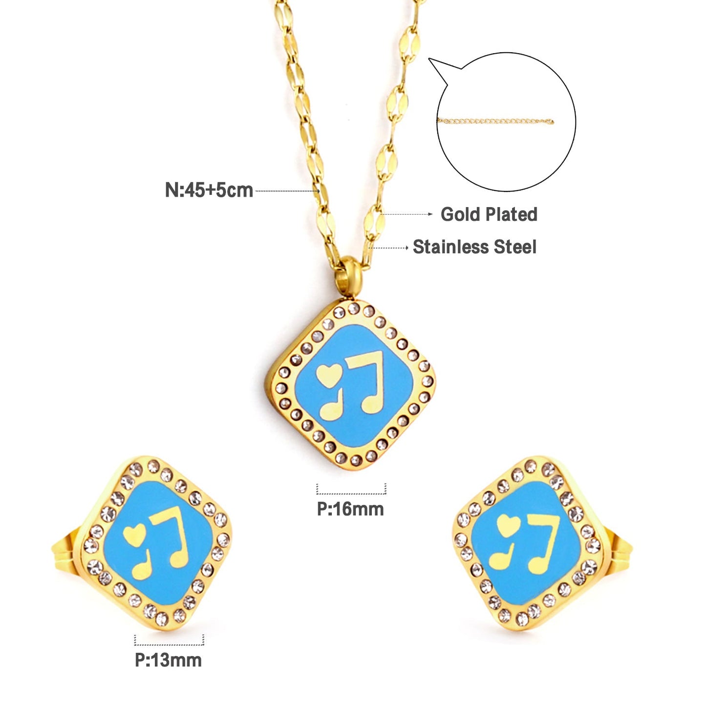 Square Blue Musical Note With Heart Enamel Girls Kids Jewelry Set