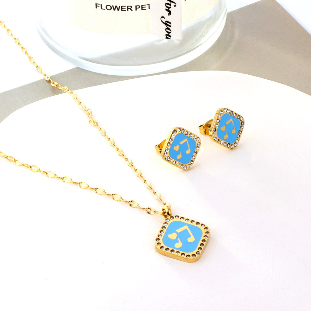 Square Blue Musical Note With Heart Enamel Girls Kids Jewelry Set
