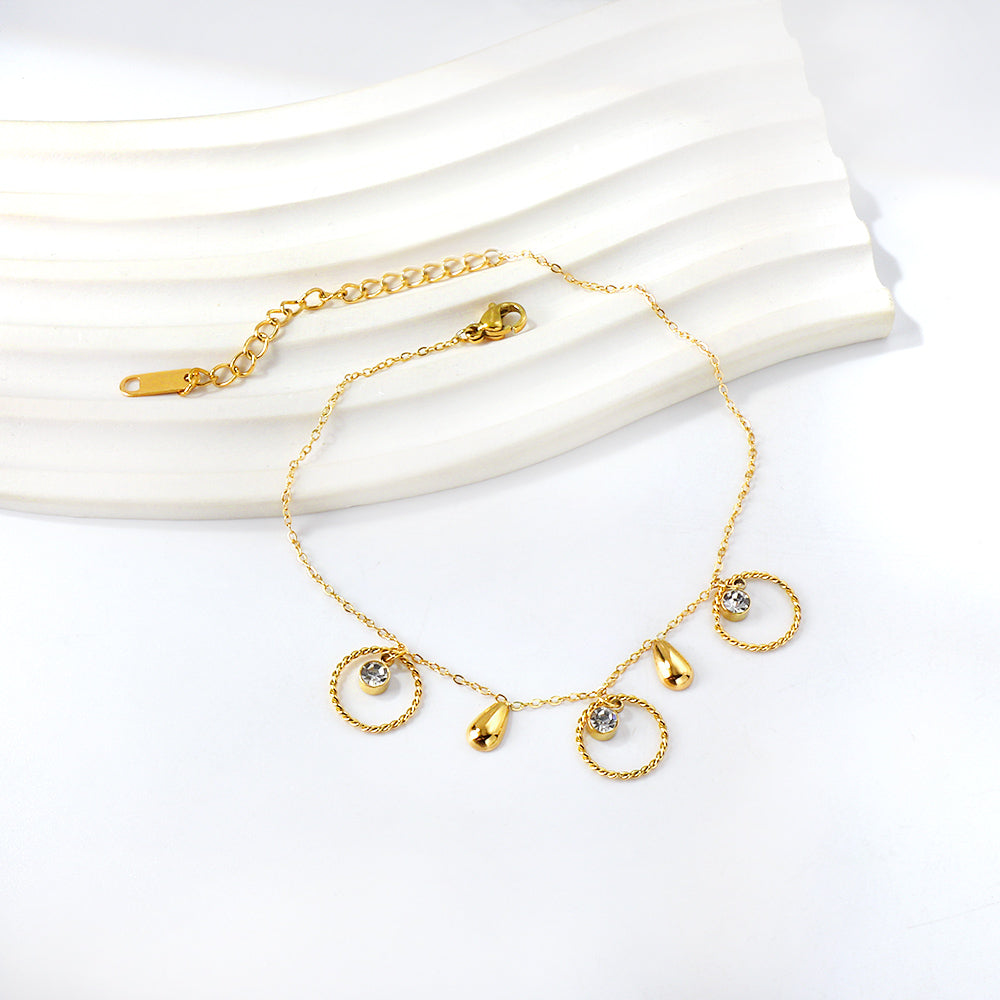 Spring 3 circles + 2 drops accessories with 3 white diamonds anklet 21+5cm