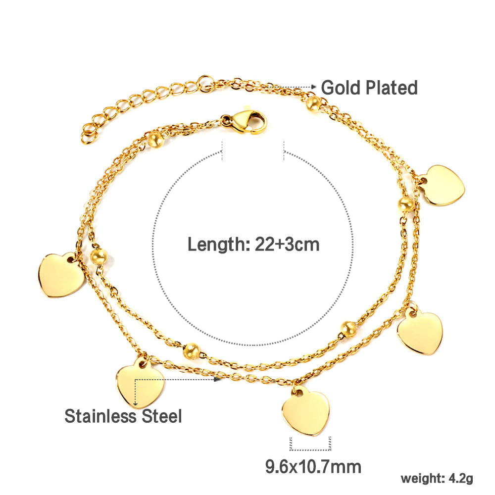 5 heart-shaped accessories + steel beads with chain double anklet 22 + 3cm