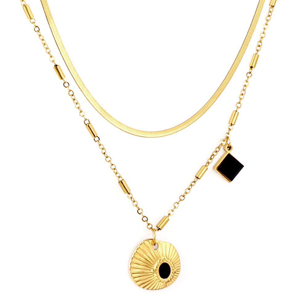 Shell With Black Drop Oil + Square Black Drop Oil Accessory+Chain Double Chain Necklace