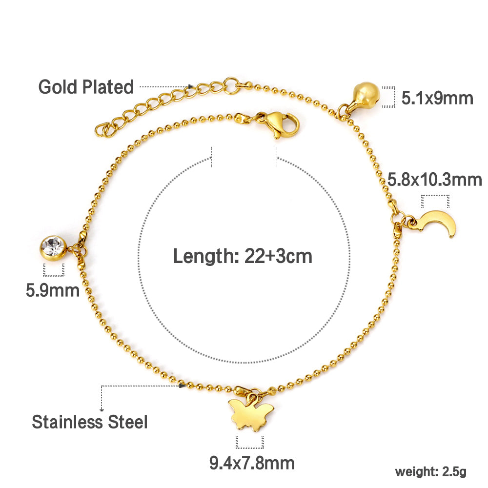White diamonds + steel beads + moon + butterfly accessories pendant anklet 22 + 3cm gold