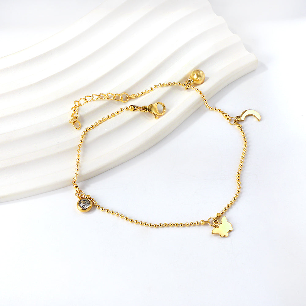 White diamonds + steel beads + moon + butterfly accessories pendant anklet 22 + 3cm gold