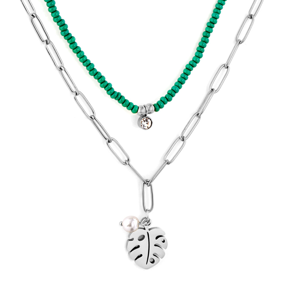Leaf + White Pearl Accessories + Green Bead Chain With Diamond Double Chain Necklace