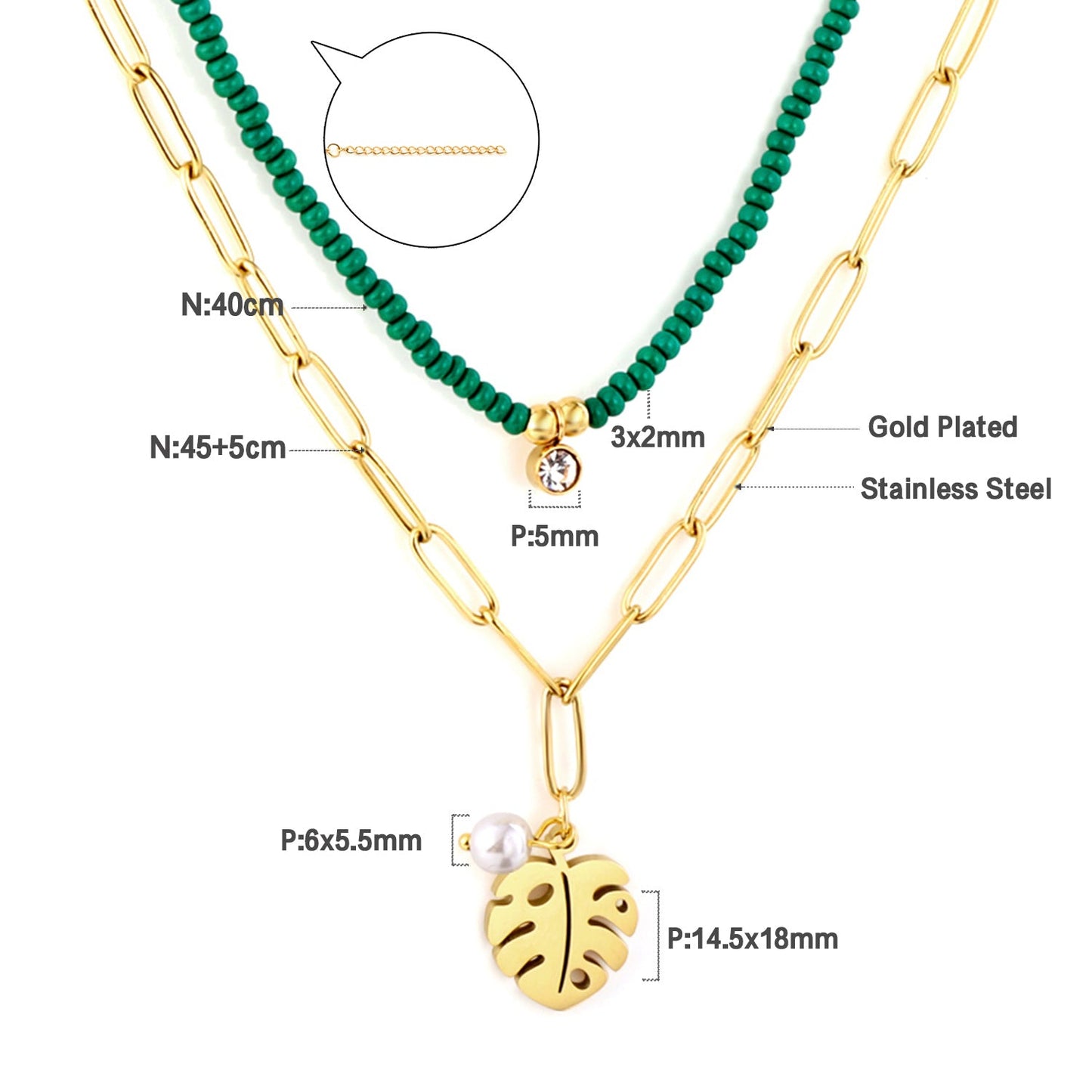 Leaf + White Pearl Accessories + Green Bead Chain With Diamond Double Chain Necklace