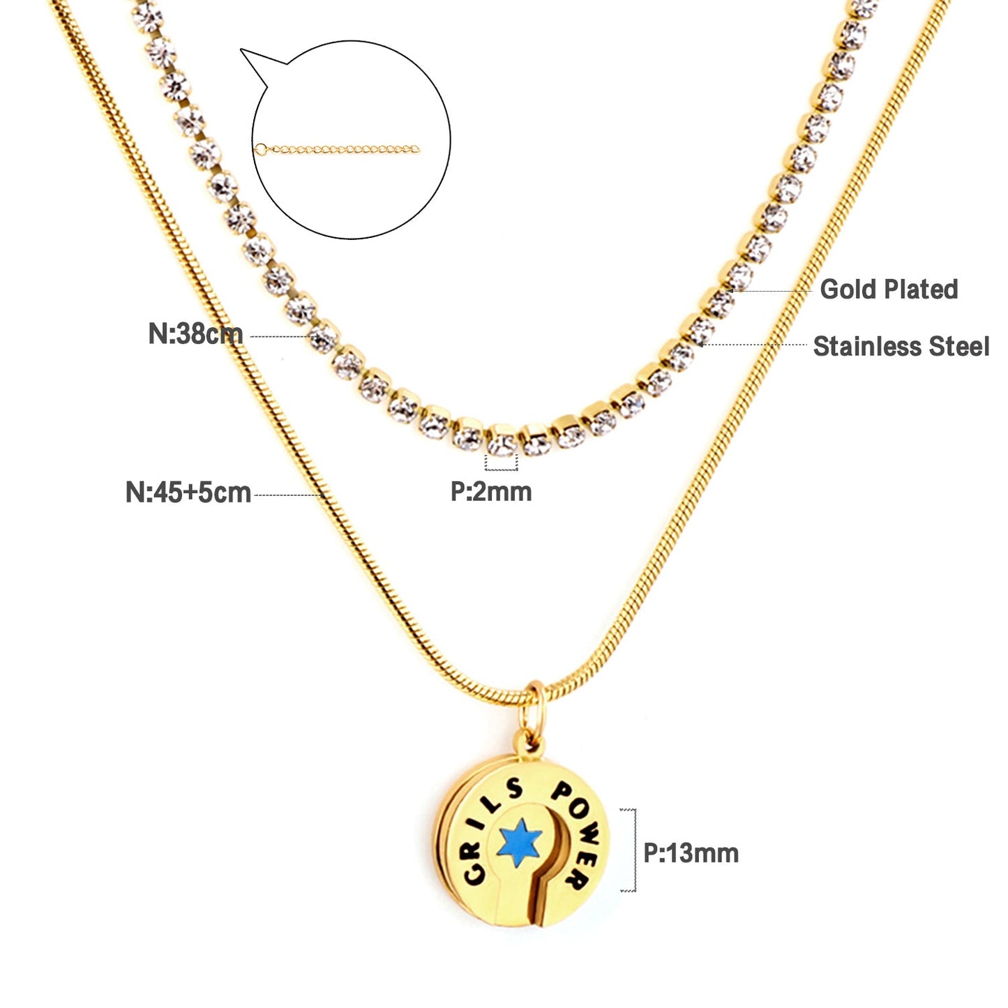 Blue Lucky Star Round Accessory+White Diamond with Chain Double Chain Necklace