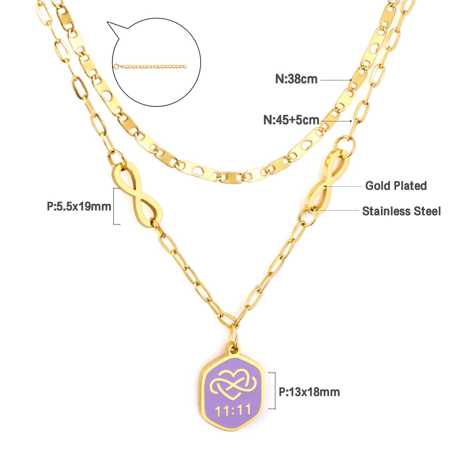 Purple Hexagon with Heart + Double 11 + Double 8 Accessories + Chain Double Chain Necklace