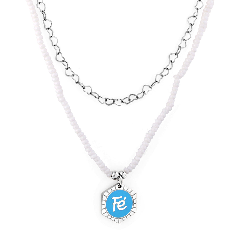White Pearl Chain with Hexagon Fe Blue Accessories + Chain Double Chain Necklace