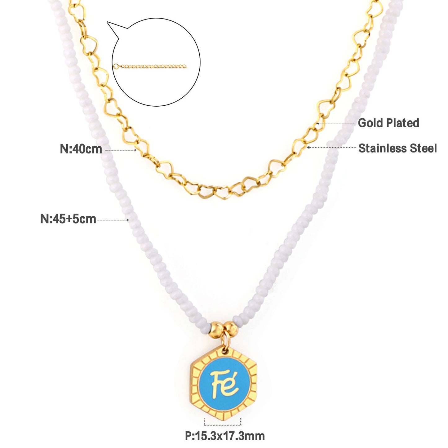 White Pearl Chain with Hexagon Fe Blue Accessories + Chain Double Chain Necklace
