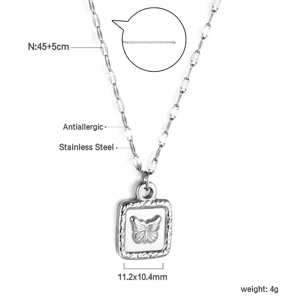 Square Pendant Necklace with Butterfly Pattern 45+5cm