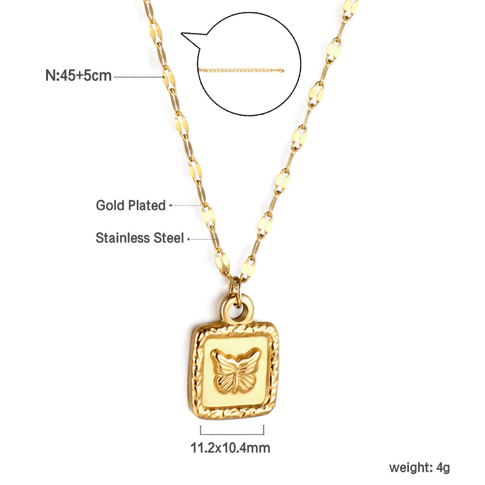 Square Pendant Necklace with Butterfly Pattern 45+5cm