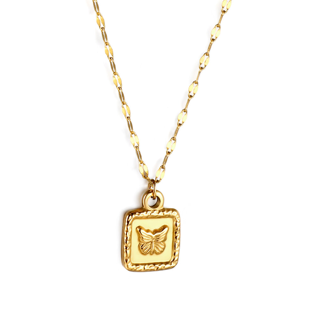 Square Pendant Necklace with Butterfly Pattern 45+5cm