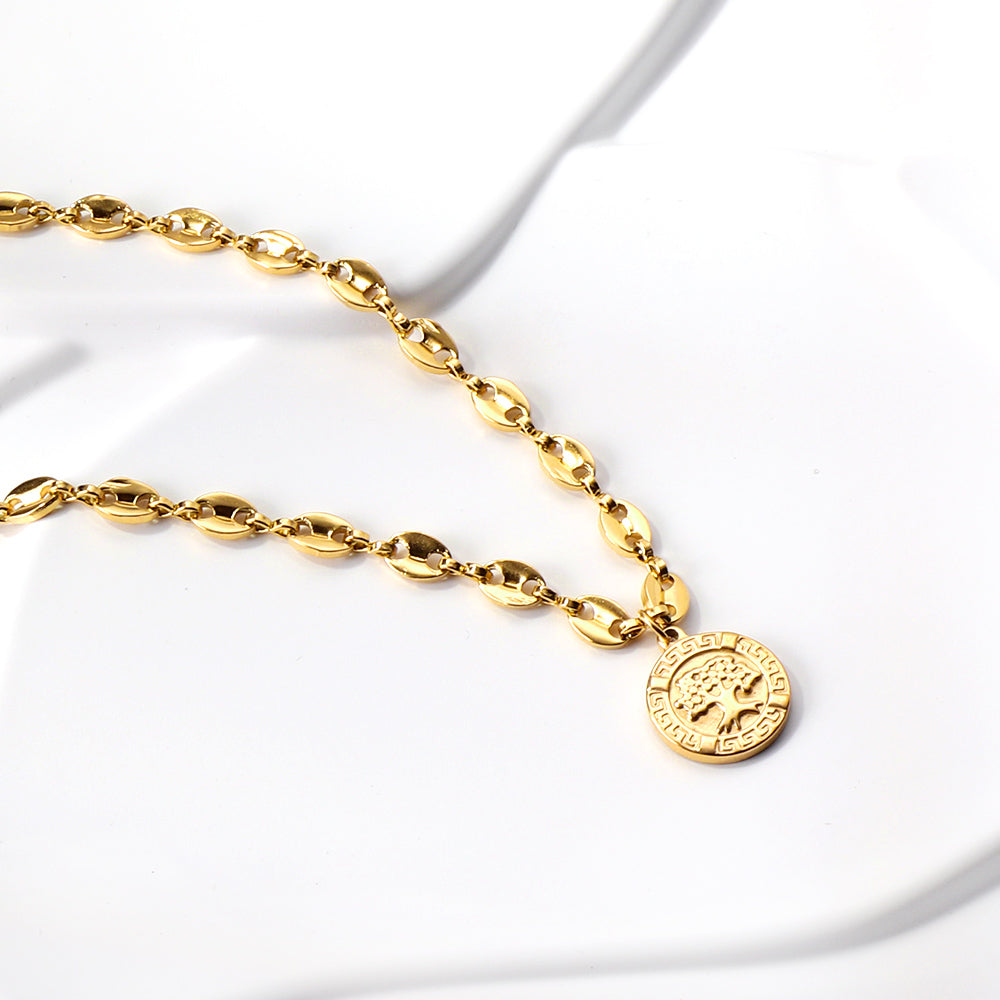 Golden Round Pendant Necklace with Big Tree Motif 45+5cm