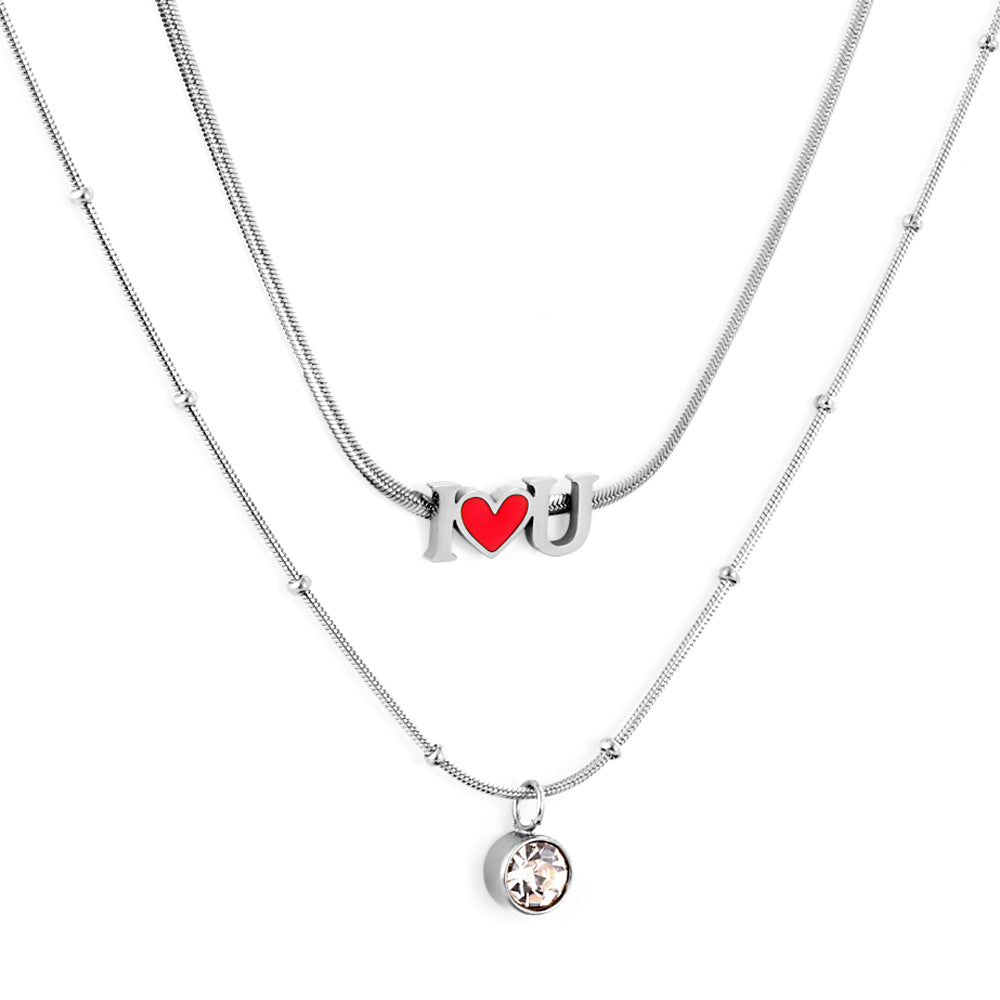 Girls Kids Stainless Steel I Heart U Red Accessories with Diamonds Double Chain Necklace