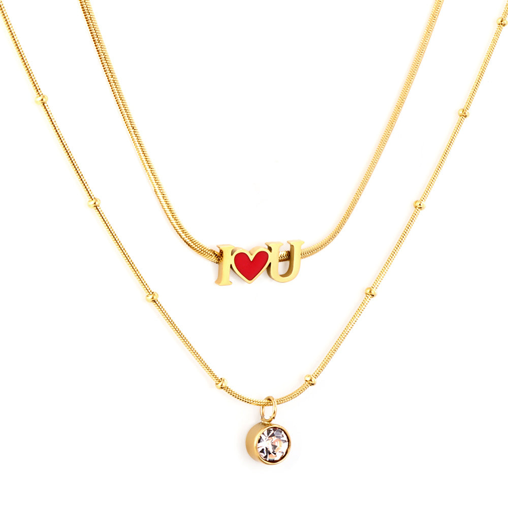 Girls Kids Stainless Steel I Heart U Red Accessories with Diamonds Double Chain Necklace