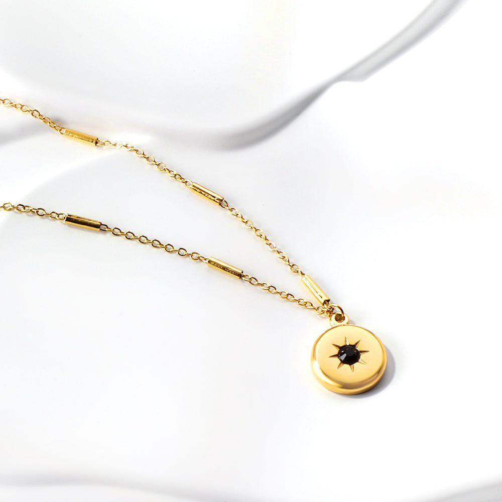 Gold coloured round pendant with black diamonds necklace 45+5cm