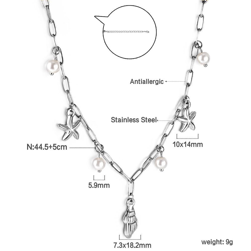 Shell + 2 starfish with 4 white pearls pendant necklace 45+5cm