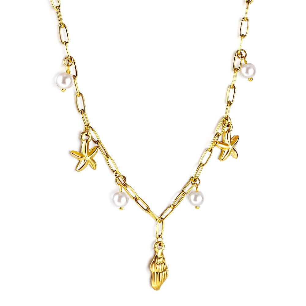 Jewelry 18k Pvd Gold Plated Ocean Shell Conch Moon Heart Star Layered Necklace Summer Chain Pendant Necklace