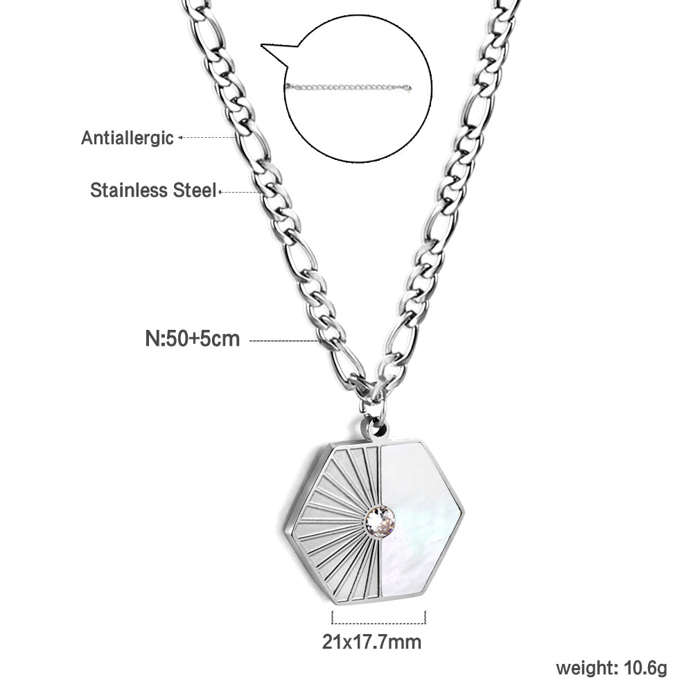 Hexagonal with half white shell with diamonds pendant necklace 50+5cm