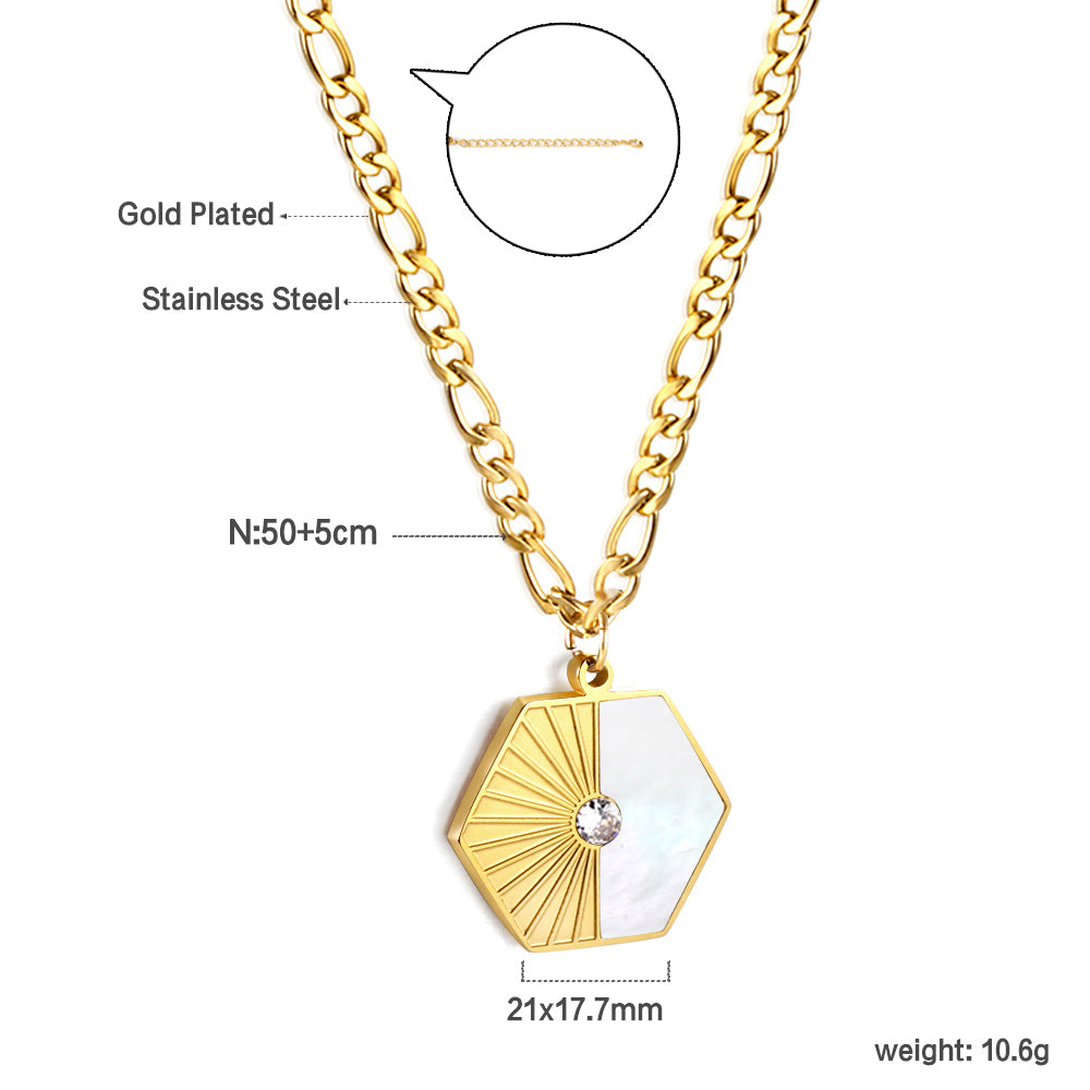 Hexagonal with half white shell with diamonds pendant necklace 50+5cm