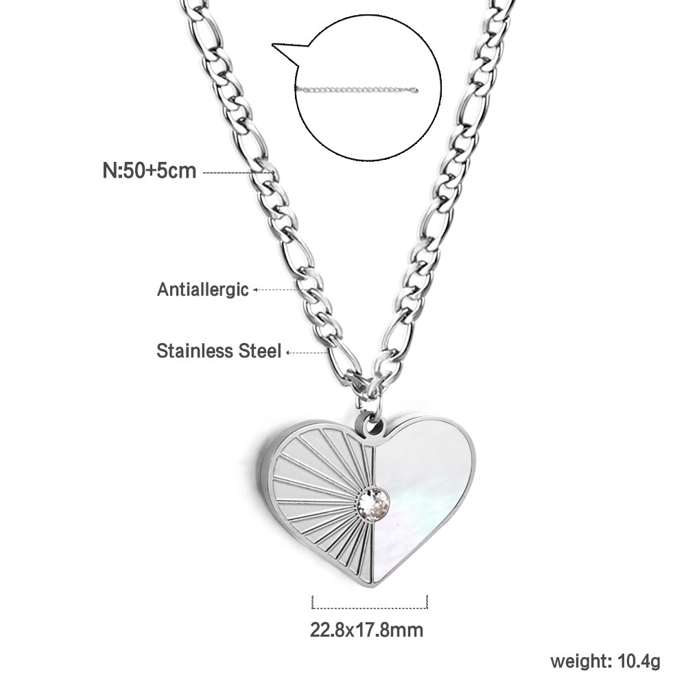 Heart with Half White Shell with Diamonds Pendant Necklace 50+5cm