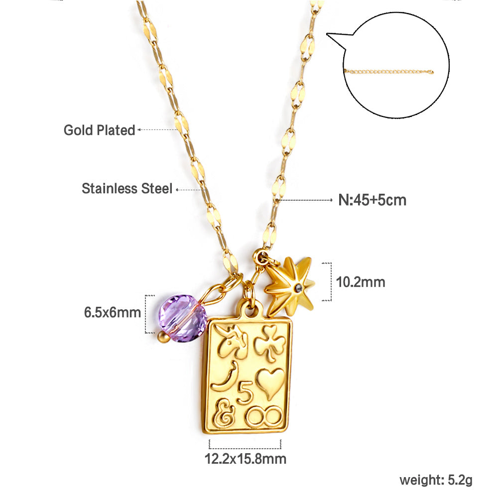 Lucky Star with White Diamonds + Rectangular Engraved Pattern + Purple Zirconia Pendant Necklace 45+5cm