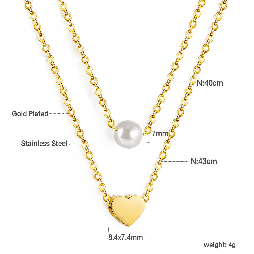 Heart + White Pearl Pendant Double Chain 43+40cm
