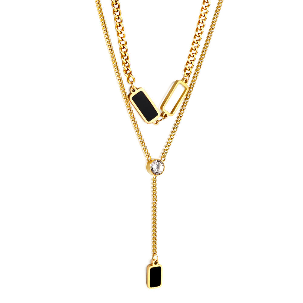 Wholesale 2 rectangular black oil drops + 1 long square box + white diamond pendant double chain 50+45+5cm