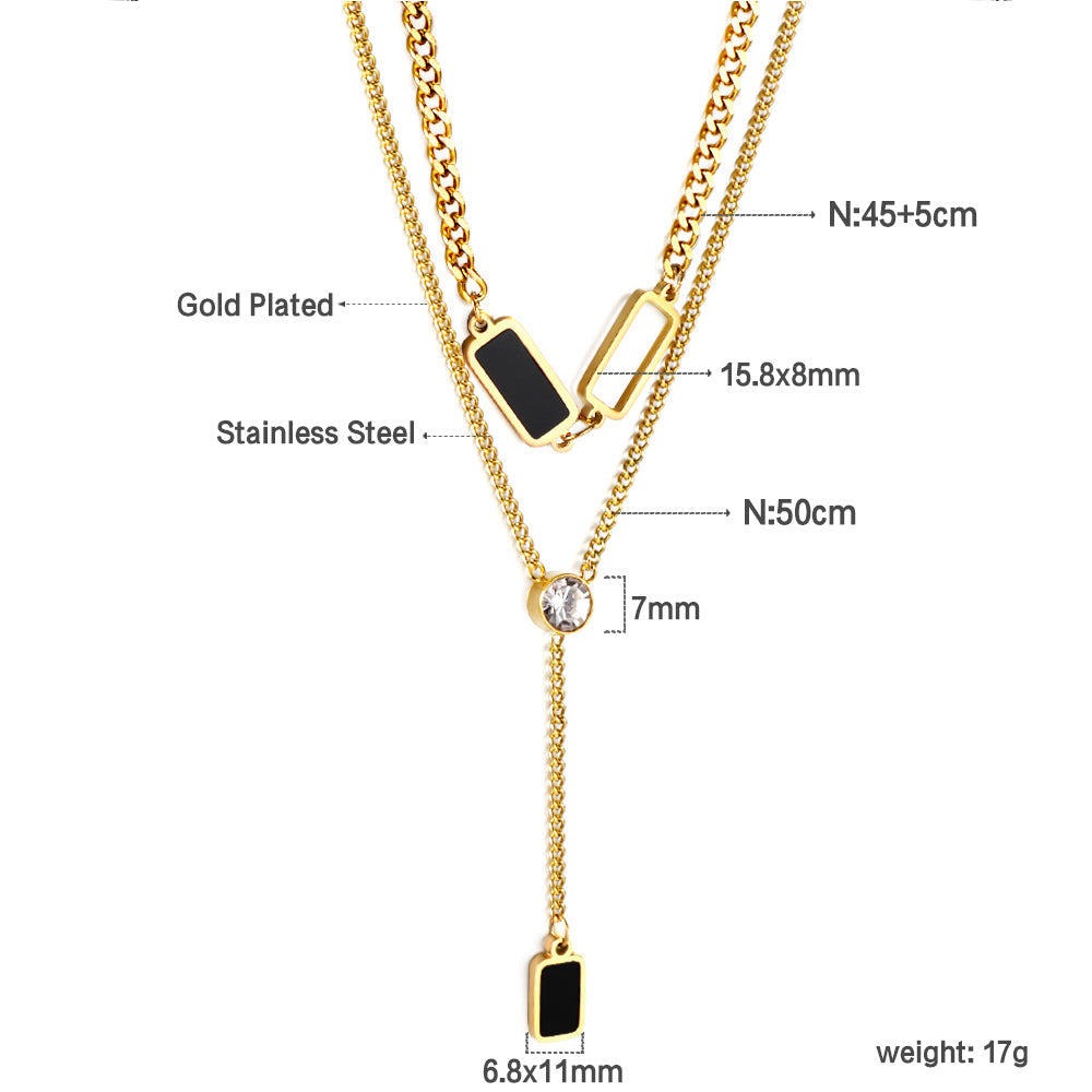 Wholesale 2 rectangular black oil drops + 1 long square box + white diamond pendant double chain 50+45+5cm