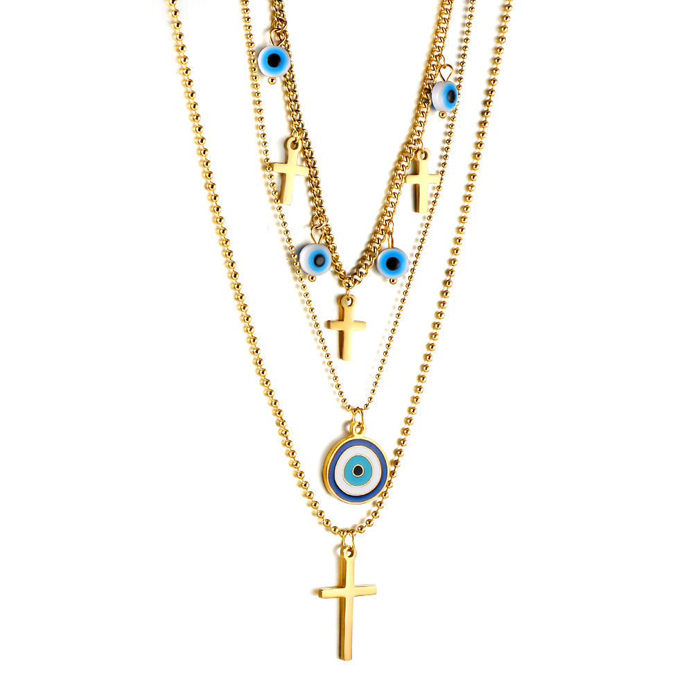 4 blue eyeballs + 4 crosses + large eyeball pendant triple chain 55+43+40+5cm