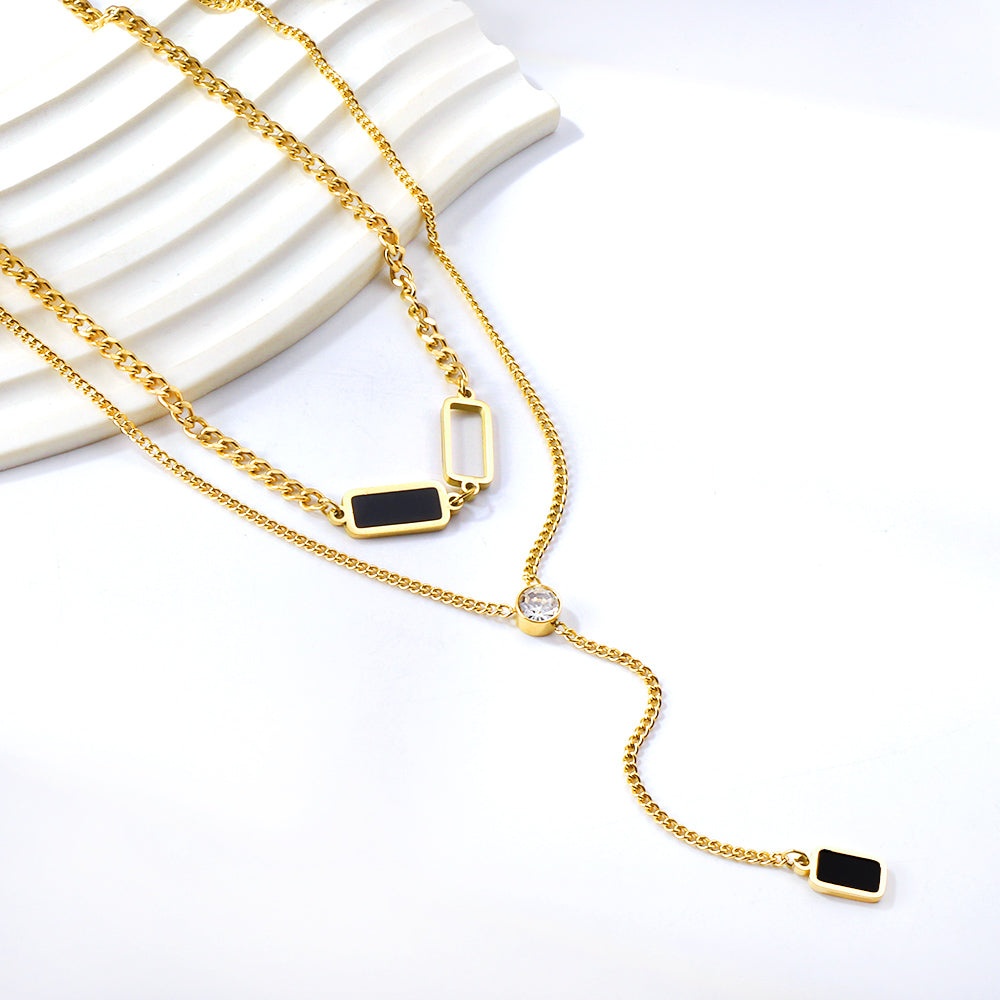Wholesale 2 rectangular black oil drops + 1 long square box + white diamond pendant double chain 50+45+5cm