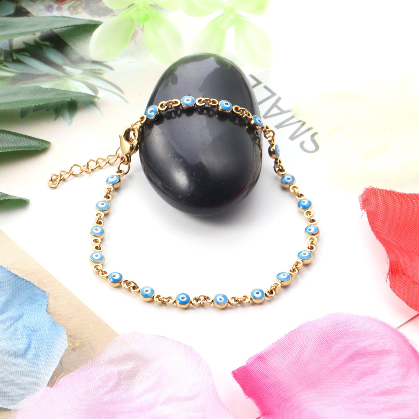 Gold / Steel Blue Cat's Eye Bracelet 4mm 18+4cm