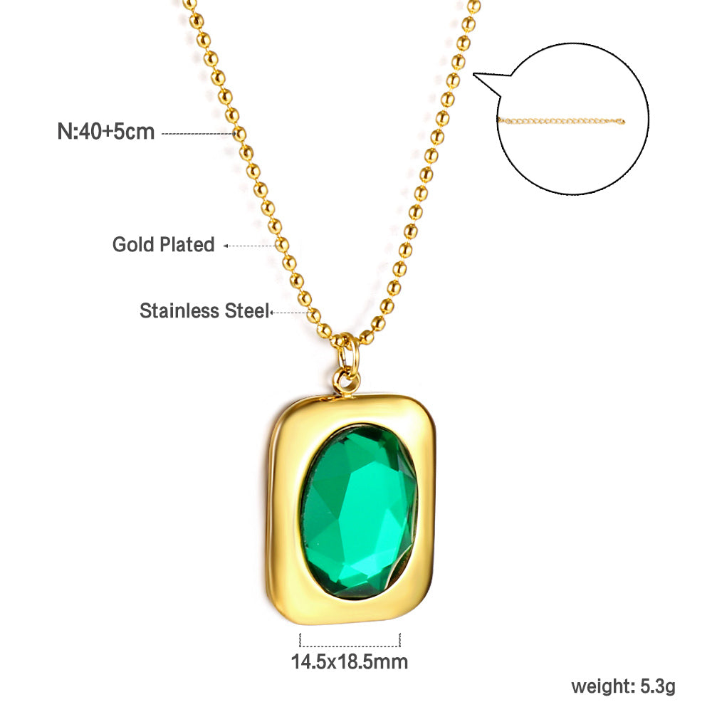Rectangle Pendant with Green Diamonds Necklace 40+5cm